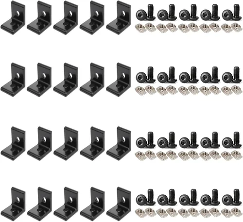 Vista 18 de 10 juegos de perfiles de extrusión de aluminio de la serie 2020, soportes en L de ángulo recto negro con tuercas y pernos de ranura en T M5