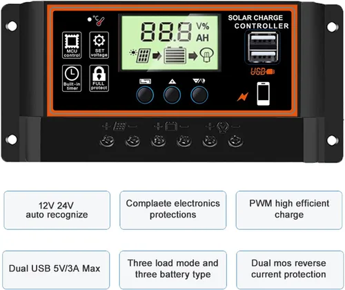 Vista 4 de Controlador de carga solar 60A, 12V/24V, pantalla LCD, parámetro ajustable, ajuste del temporizador, USB, regulador de carga automática (negro)