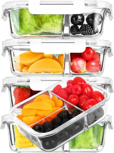 Vista 8 de M MCIRCO [Paquete de 5, 36 onzas] Recipientes de vidrio para preparación de comidas, 3 compartimentos con tapas, recipientes de almuerzo de vidrio