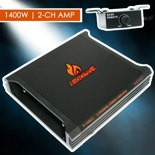Vista 2 de Audiobank P-1400.2 A/B Clase 2 Canales 1400 W Amplificador de graves estéreo de audio para automóvil con control remoto de graves + kit