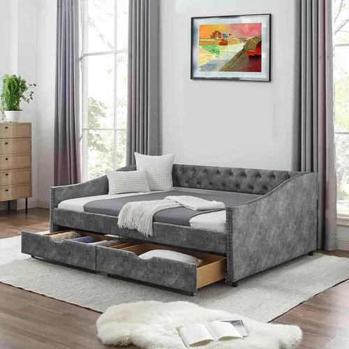 Vista 7 de Sofá cama individual con 2 cajones, moderno sofá cama tapizado con botón en la espalda y clavos de cobre en los brazos, sofá cama, marco de cámara