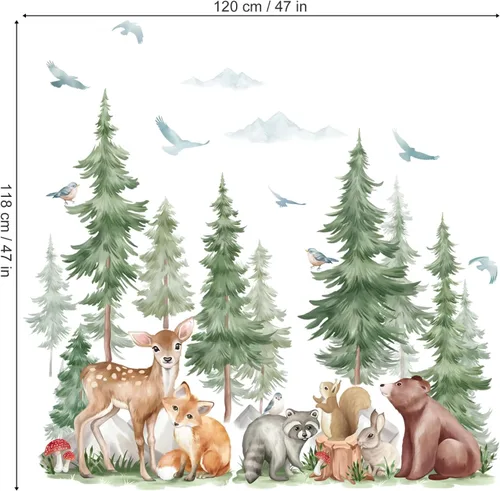 Vista 5 de Wondever Adhesivos de pared de árbol de montaña, árbol grande de pino, pegatinas de pared de arte con animales del bosque, oso, zorro, quitar