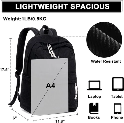 Vista 4 de Bluboon Mochila para niñas escolares y niñas, bonita mochila de pana para niños, mochila para laptop, regalos para mujeres, Negro (Corduroy Black)