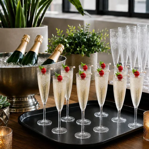 Vista 3 de Restaurantware Copas de champán de plástico de 4 onzas, 20 vasos altos de mimosa, detalle de encaje desechable, copas de champán desechables