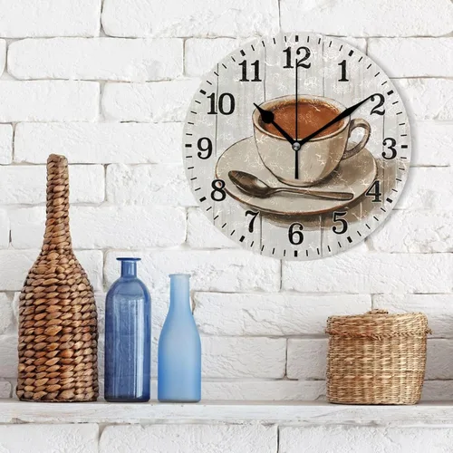 Vista 4 de JUNZAN Reloj de pared redondo marrón retro para tazas de café de 10 pulgadas, silencioso, para decoración de dormitorio, café