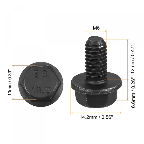Vista 2 de uxcell Tornillos métricos de brida hexagonal M6x12mm, 20 tornillos de cabeza hexagonal de acero al carbono de grado 10.9