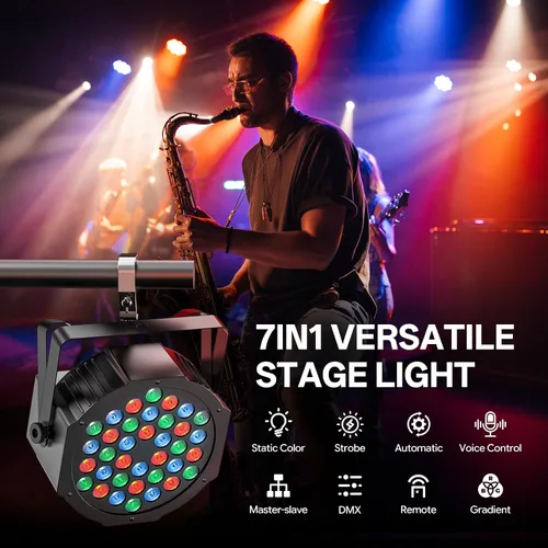 Vista 4 de U`King - Luces LED Par para DJ, luz de escenario con cable, RGB, 36 LED con control activado por sonido, iluminación de escenario para DJ, para 2