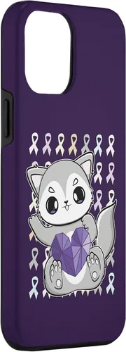 Vista 3 de iPhone 13 Pro Max Lindo Lobo Con Cinta Lavanda Para Caso Concientización Del Cáncer