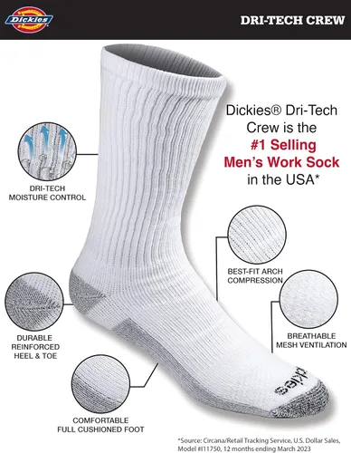 Vista 2 de Dickies - Calcetines altos con control de humedad, de tecnología Dri-Tech para hombre, paquete de varias