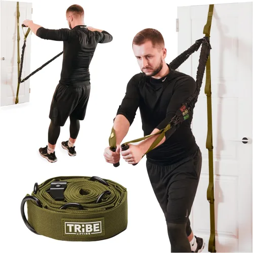 Vista 8 de Tribe Lifting Anclaje de banda de resistencia ajustable, anclaje de puerta con 5 bucles y anillos de metal, correa de nailon duradera