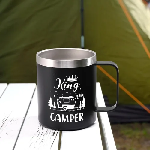 Vista 6 de Lifecapido Regalos de campamento para hombres, taza de café aislada King Of The Camper de 12 onzas, regalo de cumpleaños, regalo de Navidad, regalos