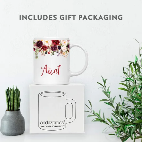 Vista 4 de Andaz Press Taza de té de cerámica para el día de la madre, regalo de 9.5 fl oz, otoño, marsala, flores burdeos, rosas, flores, tía, 1 paquete