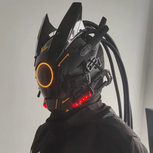 Vista 5 de KYEDAY Máscara punk para cosplay para hombres, luz redonda con trenzas, máscara para cosplay, Halloween, fiesta, festival de música, accesorios