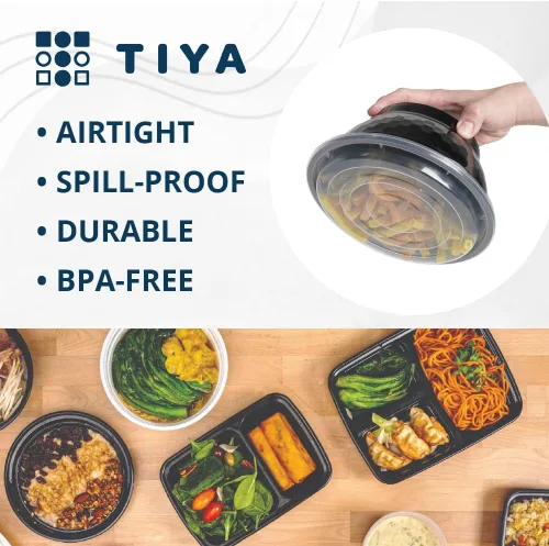 Vista 2 de TIYA Tazones para comida a granel de 36 onzas, paquete de 120 unidades con tapas, recipientes de plástico negro para llevar, reutilizables, aptos