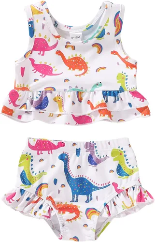 Vista 6 de YOUNGER TREE Traje de baño de verano para niñas pequeñas, sin mangas, traje de baño a rayas, traje de dos piezas, bikini