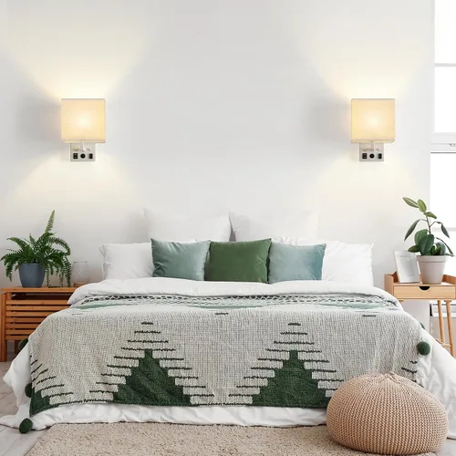 Vista 7 de Vrisa Juego de 2 apliques de pared para dormitorio, lámpara de pared enchufable, lámparas de noche con puertos USB y toma de corriente