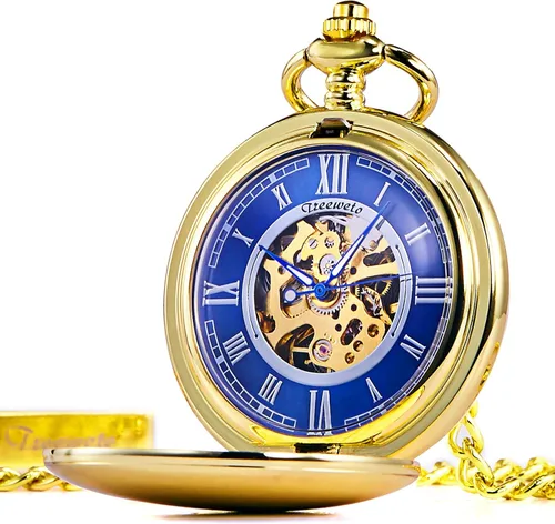 Vista 2 de Reloj de bolsillo - Serie de doble carcasa suave con esfera de esqueleto, delicado movimiento mecánico con cadena, dorado, Oro, Mecánico