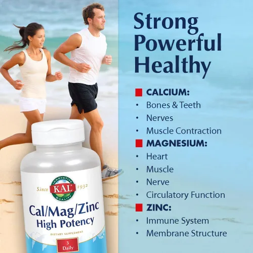 Vista 3 de KAL Cal/Mag/Zinc 1000 mg de calcio, 400 mg de magnesio y 15 mg de zinc Apoyo para huesos, músculos, corazón y sistema inmunológico 100