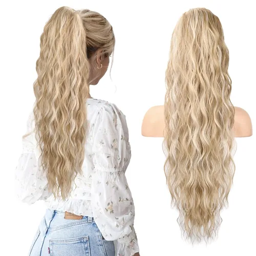 Vista 11 de HOOJIH Extensión de cola de caballo, extensiones de cabello con cordón para cola de caballo de 26 pulgadas de largo, pelo rizado y ondulado natural