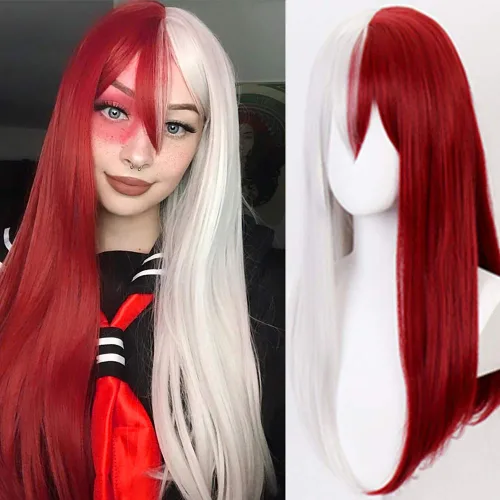 Vista 17 de Kaneles Peluca rizada de color rojo degradado, pelucas de cabello largo ondulado para mujer, pelucas de fibra sintética negra y roja para fiesta