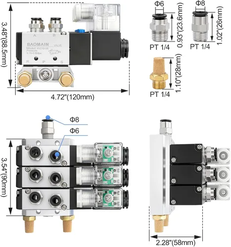 Vista 2 de BAOMAIN 12V DC 5/2 Electroválvula neumática 3 Estación 4V210-08 Kit de colector Includes 3-Station 4V210-08 12V DC Solenoid Valves, 1/4" PT