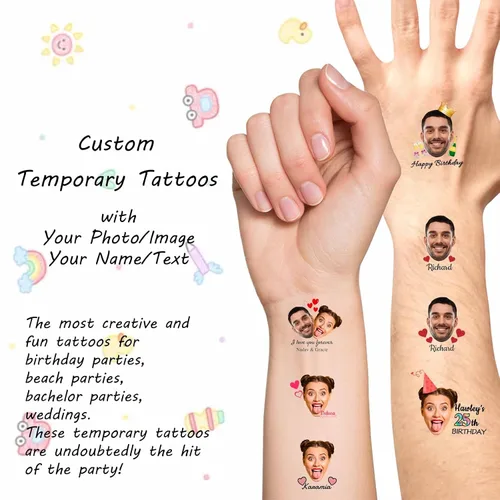 Vista 3 de Tatuajes temporales personalizados con texto de nombre, tatuaje temporal personalizado con logotipo fotográfico para adultos, parejas, mujeres