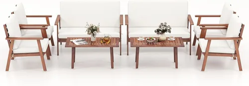 Vista 11 de Tangkula Juego de 4 piezas para conversación al aire libre, juego de sofá de madera de acacia con cojines de asiento y respaldo suaves, mesa Gris