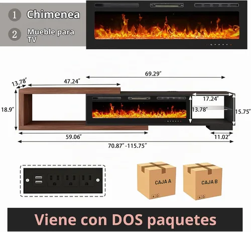 Vista 7 de Soporte de TV extensible con chimenea eléctrica de 71 a 116 pulgadas, moderno centro de entretenimiento con luces LED y toma de corriente para TV