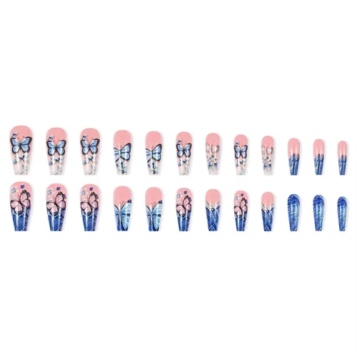 Vista 2 de Uñas postizas largas a presión con diseño de mariposa azul y rosa, punta francesa azul, uñas a presión, acrílico rosa, cobertura completa, pegamento