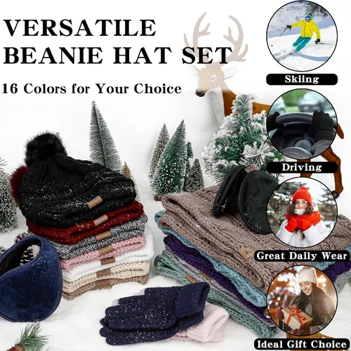 Vista 7 de Winter Hat Scarf Gloves and Ear Warmer, Warm Knit Beanie Hat Touch Screen Gloves Set Winter Gifts Neck Scarves for Women