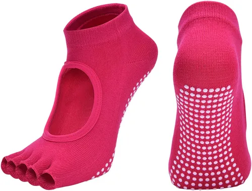 Vista 6 de Calcetines de yoga sin dedos para mujer, calcetines de pilates con agarres, de algodón, antideslizantes, con puntera abierta, para pilates, barra