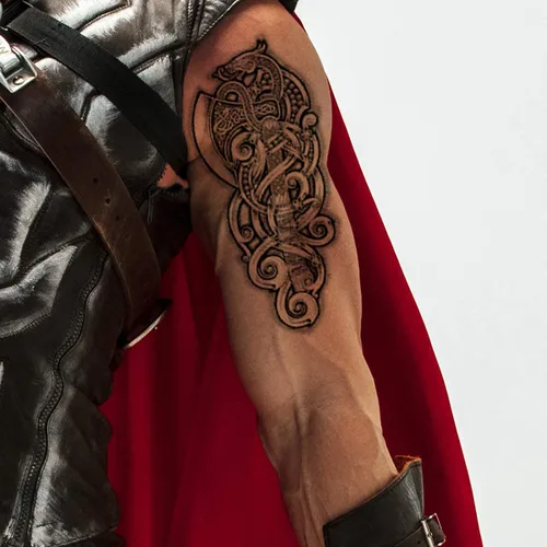 Vista 5 de 2 tatuajes temporales con hacha vikinga, dragón, nórdico, palo negro, tribal, bárbaro, celta, guerrero, en el cuerpo, pegatina de transferencia