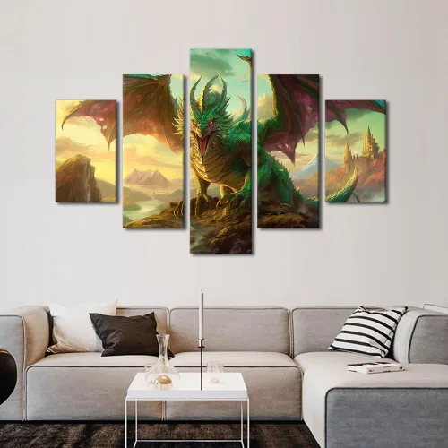 Vista 3 de Lienzo decorativo para pared de sala de estar, lienzo de dragón, 5 paneles, dragón verde, decoración de pared para el hogar, decoración de pared