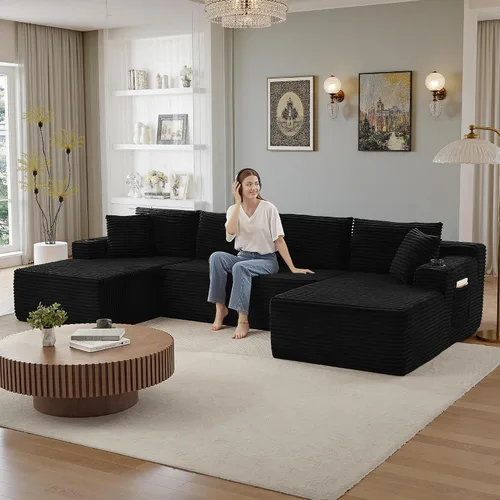 Vista 19 de Sofá modular moderno de 96 pulgadas para sala de estar, sofá modular tapizado sin hueso con bolsillos, cómodo sofá nube con diván en forma de L Negro