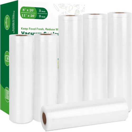 Vista 12 de Moretoes Bolsas selladoras al vacío, 3 rollos de 8 x 16 pies para guardar alimentos, rollos de bolsas de grado comercial, sin BPA, bolsa