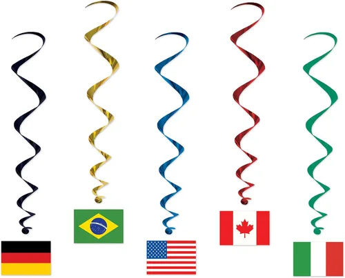 Vista 9 de Beistle 5 espirales colgantes de bandera internacional (paquete de 2) – verde, rojo, azul, amarillo – plástico y cartulina