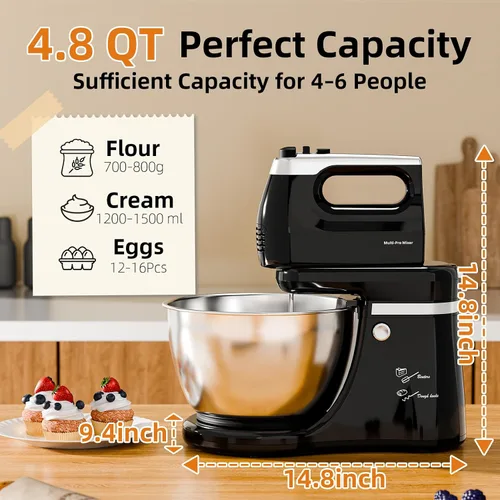 Vista 5 de Batidora de pie 2 en 1 de 4.8 cuartos de galón, batidora de cocina eléctrica con tazón giratorio automático y cabezal inclinable, máquina de hornear