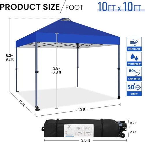 Vista 3 de Yaheetech Tienda de campaña desplegable de 10 x 10 con 2 ruedas integradas para movilidad, resistente al agua y refugio solar instantáneo con bolsa