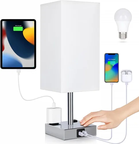 Vista 13 de Lámpara de noche con puertos USB - Lámpara de mesa de control táctil para dormitorio con puertos de carga USB C + A y salidas de AC, lámpara