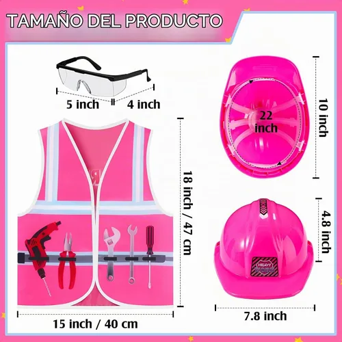 Vista 2 de Handepo Disfraz de trabajador de la construcción con sombrero duro, chaleco de construcción, gafas, conjunto de disfraz para fiesta de cumpleaños