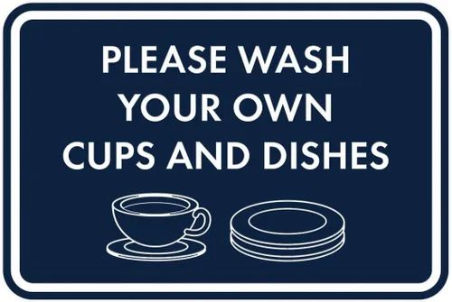 Vista 47 de Letrero clásico enmarcado con texto en inglés «Please Wash Your Own Cups and Dishes» (negro)