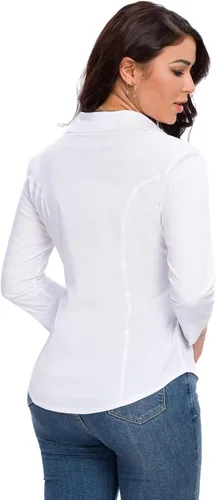 Vista 3 de Camisas con botones para mujer, oficial, formal, manga 34, color blanco, elástica, camisa de vestir de verano