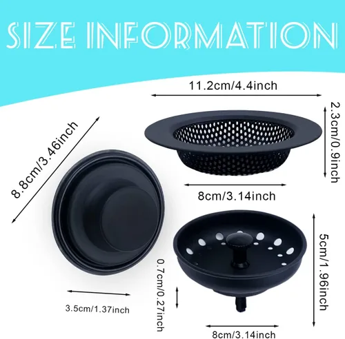 Vista 2 de 3 piezas de tapón para fregadero de cocina, 3 en 1 colador de cesta de fregadero de cocina, tapón universal antiobstrucción de acero inoxidable