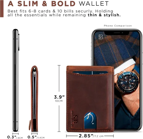 Vista 6 de SERMAN BRANDS RFID Blocking Slim Bifold Genuine Leather Minimalist Front Pocket Wallets for Men with Money Clip Thin Mens