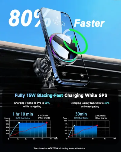 Vista 3 de Para Qi2 Cargador de Montaje de Coche MagSafe de 15W con Luz RGB, Soporte Magnético Inalámbrico de Enfriamiento por Hielo para Teléfono, Carga