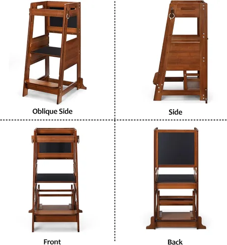 Vista 7 de TOETOL Taburete de bambú para niños, taburete de cocina de aprendizaje de torre de pie para encimera de cocina de 3 alturas ajustables con pizarra