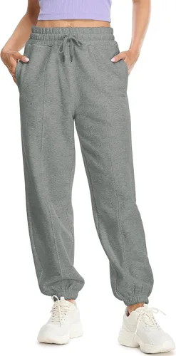 Vista 2 de icyzone Pantalones deportivos holgados de cintura alta con forro polar para mujer, pantalones gruesos y cómodos con bolsillos