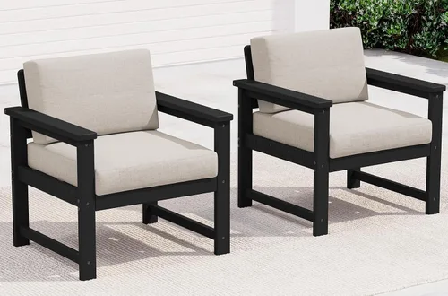Vista 51 de SERWALL Juego de sofá de 2 piezas de sillón Adirondack acolchado de Marco negro/cojín gris