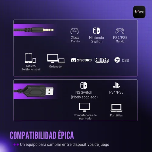 Vista 4 de FIFINE Paquete de auriculares para juegos y micrófono dinámico XLR, juego de auriculares USB con sonido envolvente 7.1 para PS5/PS4, micrófono