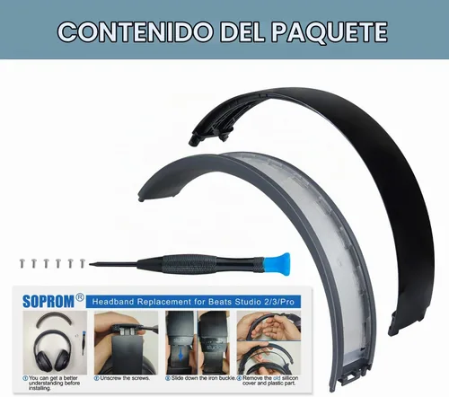 Vista 6 de SOPROM Funda de reemplazo de diadema de goma para auriculares Beats Studio 2 y Studio 3 con cable y inalámbricos, accesorios de reparación